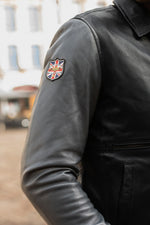 Navy blue aviator style leather jacket with shirt collar - Image n°7