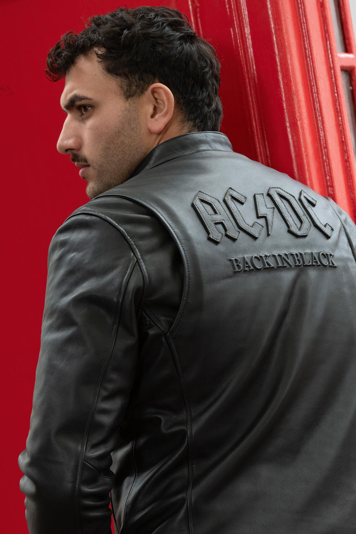 Sheep nappa jacket-AC/DC's *Back in Black* tribute, embossed logos. - Image n°1