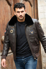 Dark brown leather bomber jacket with Royal Air Force patches - Image n°5