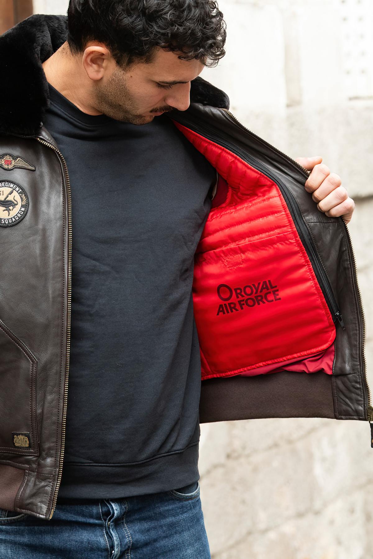 Dark brown leather bomber jacket with Royal Air Force patches - Image n°6