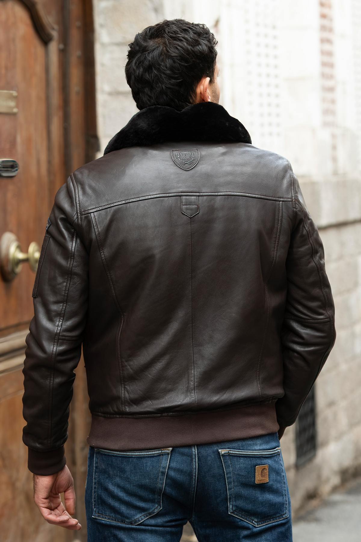 Dark brown leather bomber jacket with Royal Air Force patches - Image n°3