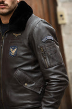 Dark brown leather bomber jacket with Royal Air Force patches - Image n°4