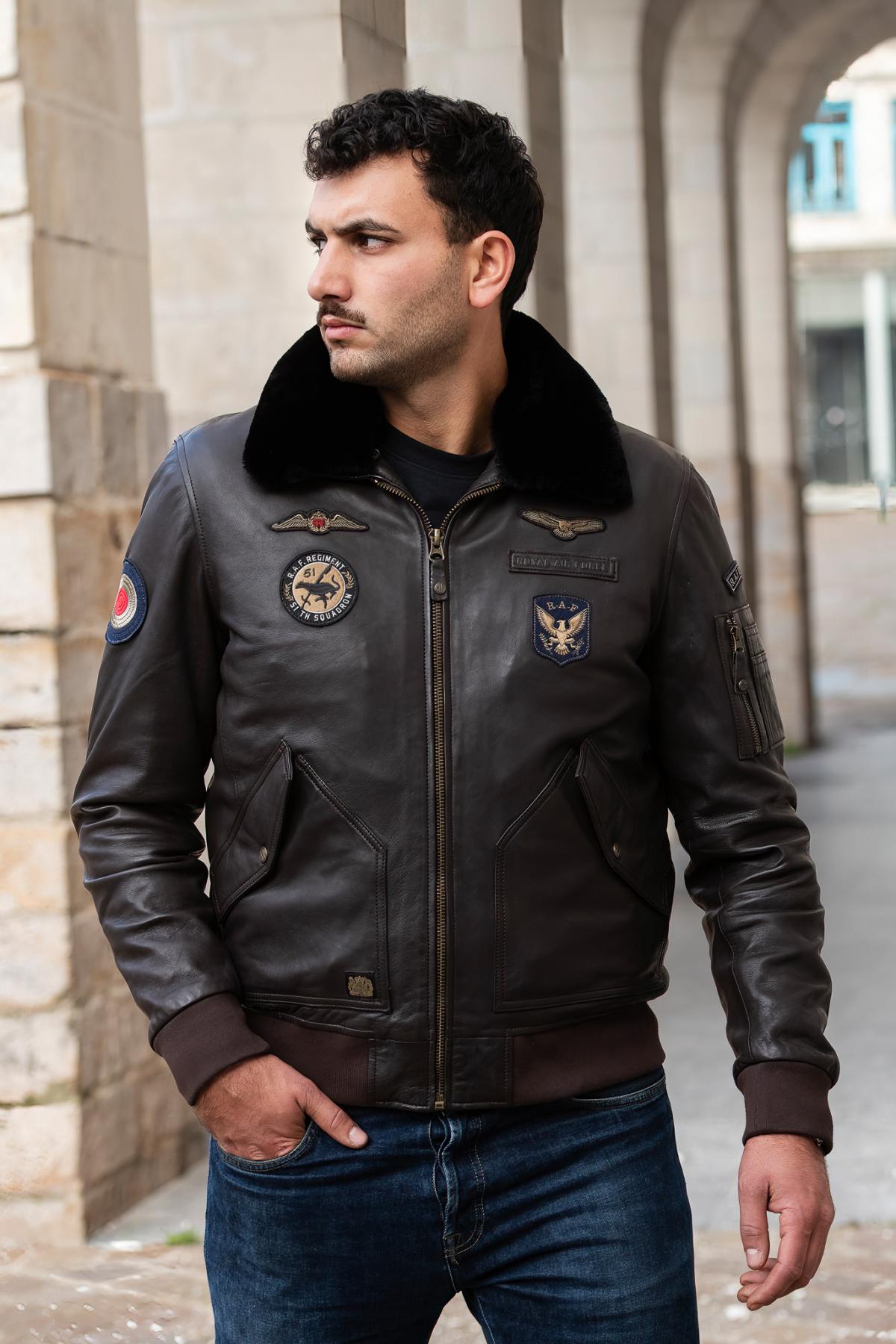 Dark brown leather bomber jacket with Royal Air Force patches - Image n°8