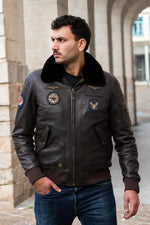 Dark brown leather bomber jacket with Royal Air Force patches - Image n°8
