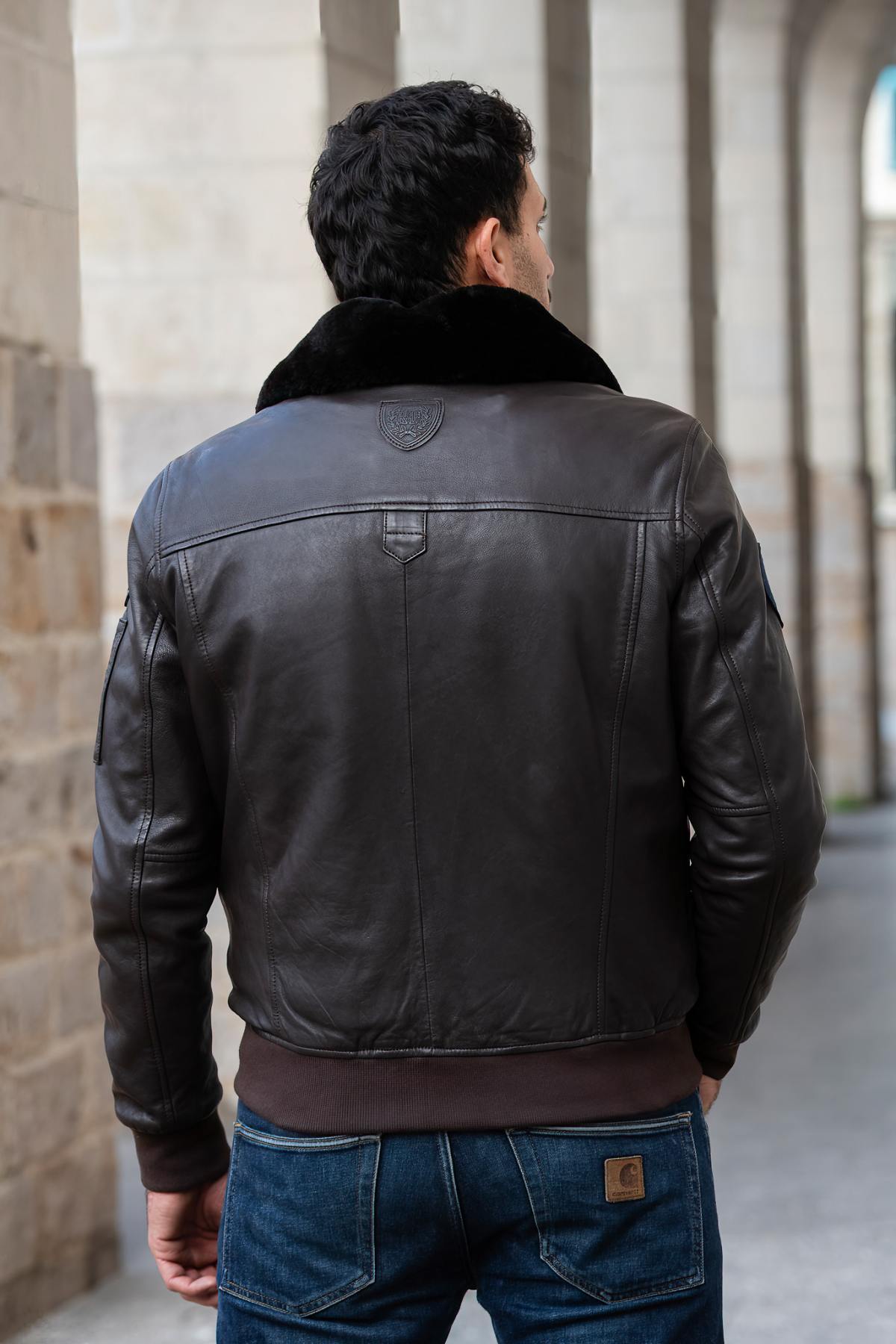 Dark brown leather bomber jacket with Royal Air Force patches - Image n°9