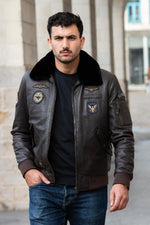 Dark brown leather bomber jacket with Royal Air Force patches - Image n°10