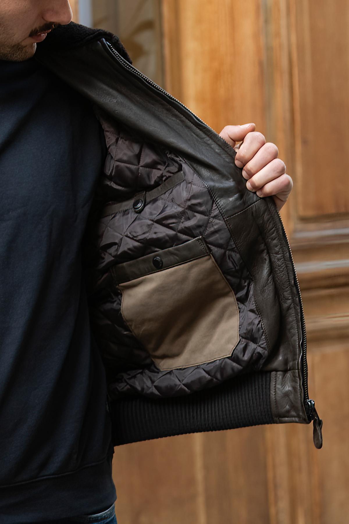 Vintage dark brown leather bomber jacket with back print - Image n°6