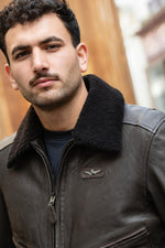 Vintage dark brown leather bomber jacket with back print - Image n°3