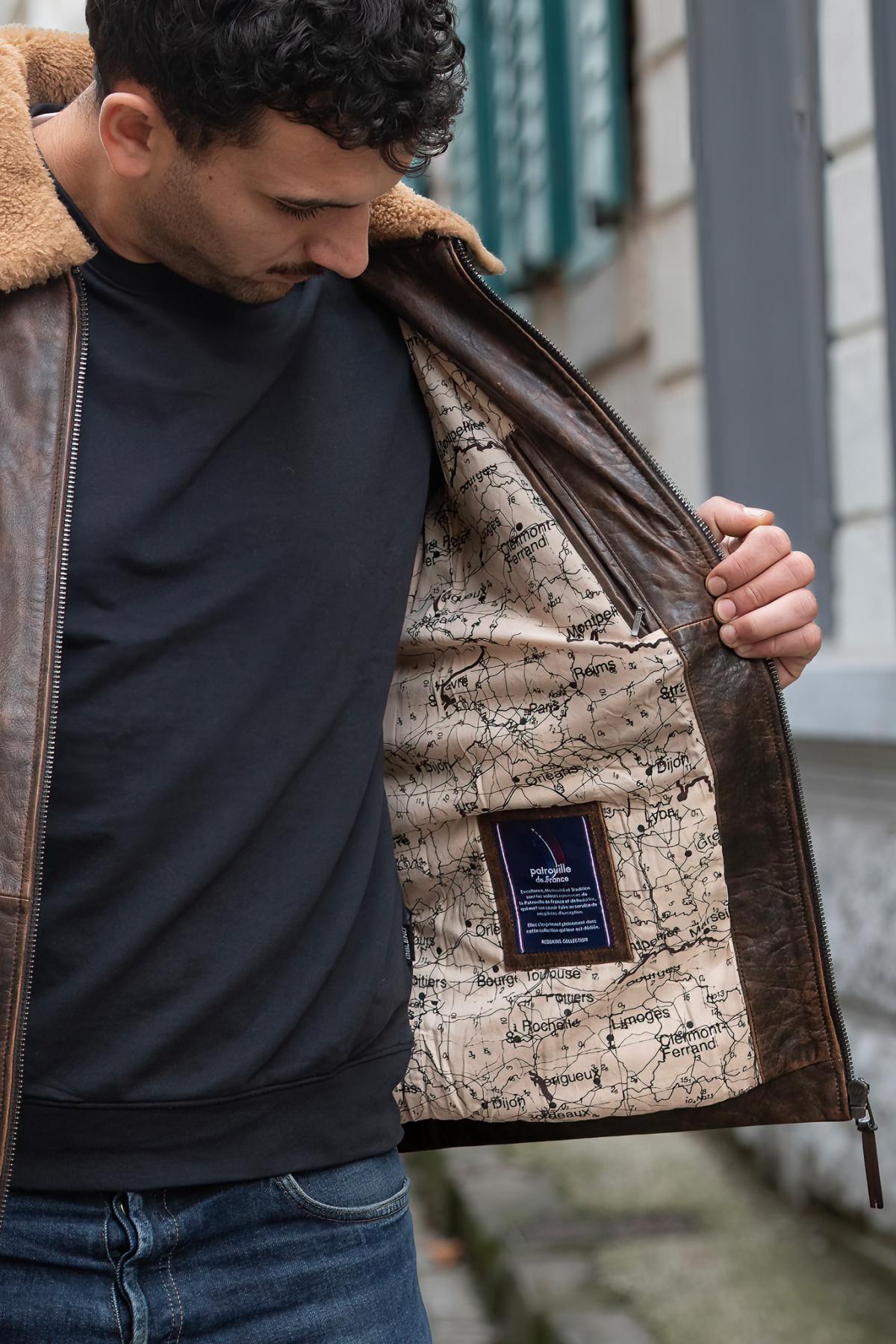 Aged calfskin aviator jacket by Redskins with shearling collar. - Image n°6
