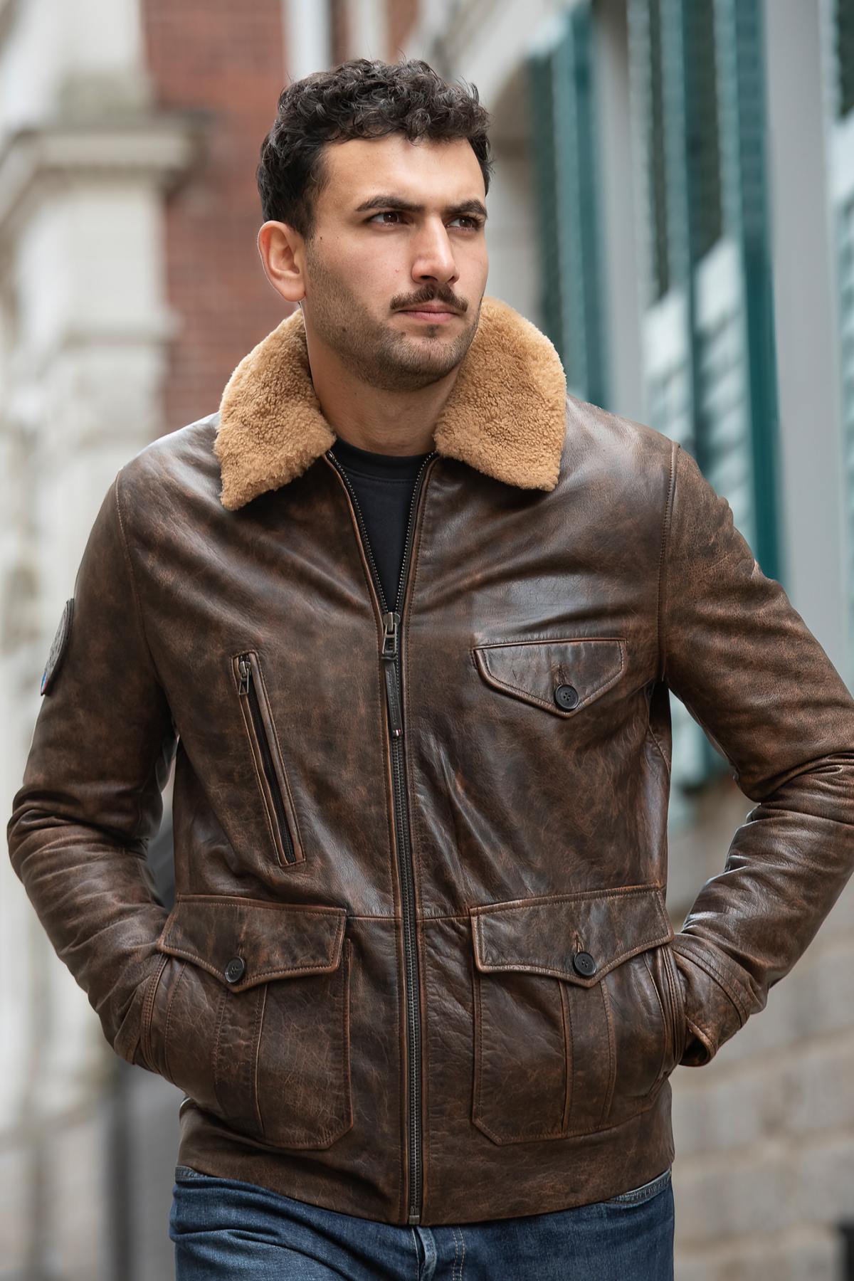 PAF distressed brown leather bomber jacket with shearling collar - Image n°5
