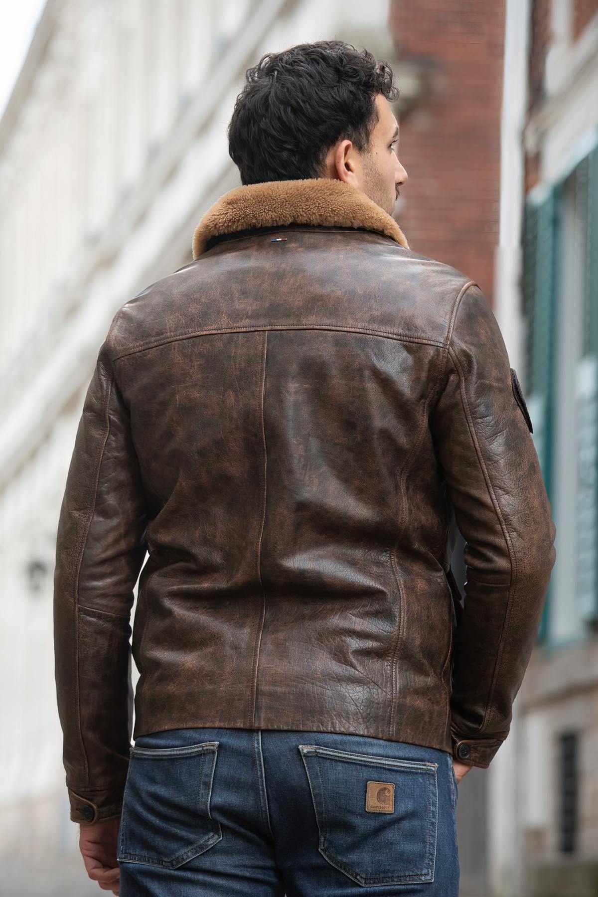 Aged calfskin aviator jacket by Redskins with shearling collar. - Image n°3