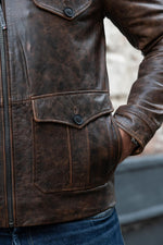 PAF distressed brown leather bomber jacket with shearling collar - Image n°4