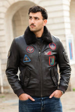Brown leather bomber jacket with vintage Patrouille de France patches - Image n°1