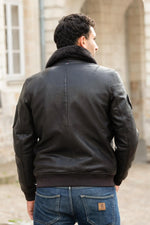 Brown leather bomber jacket with vintage Patrouille de France patches - Image n°3