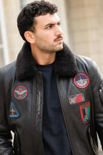 Brown leather bomber jacket with vintage Patrouille de France patches - Image n°2