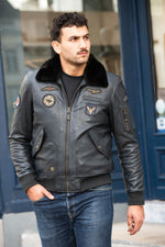 Navy blue leather bomber jacket with Royal Air Force patches - Image n°5