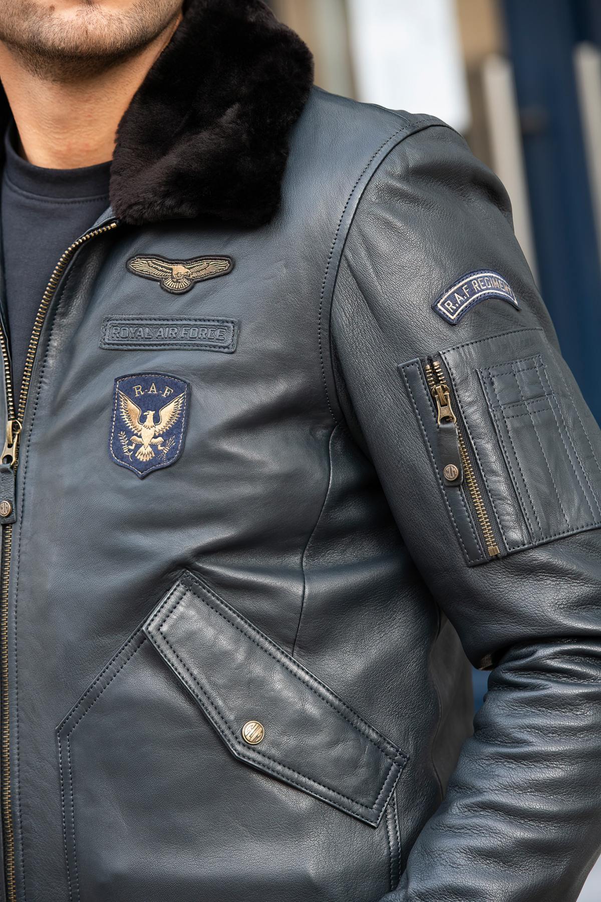 Navy blue leather bomber jacket with Royal Air Force patches - Image n°4