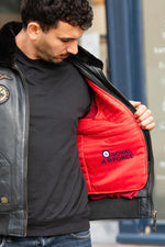 Navy blue leather bomber jacket with Royal Air Force patches - Image n°6