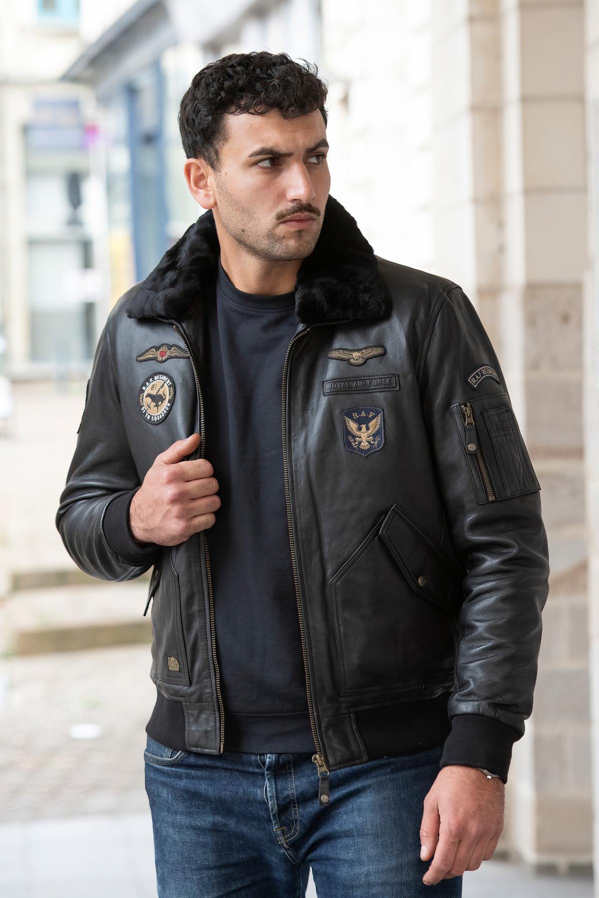 Black leather bomber jacket with Royal Air Force patches - Image n°4