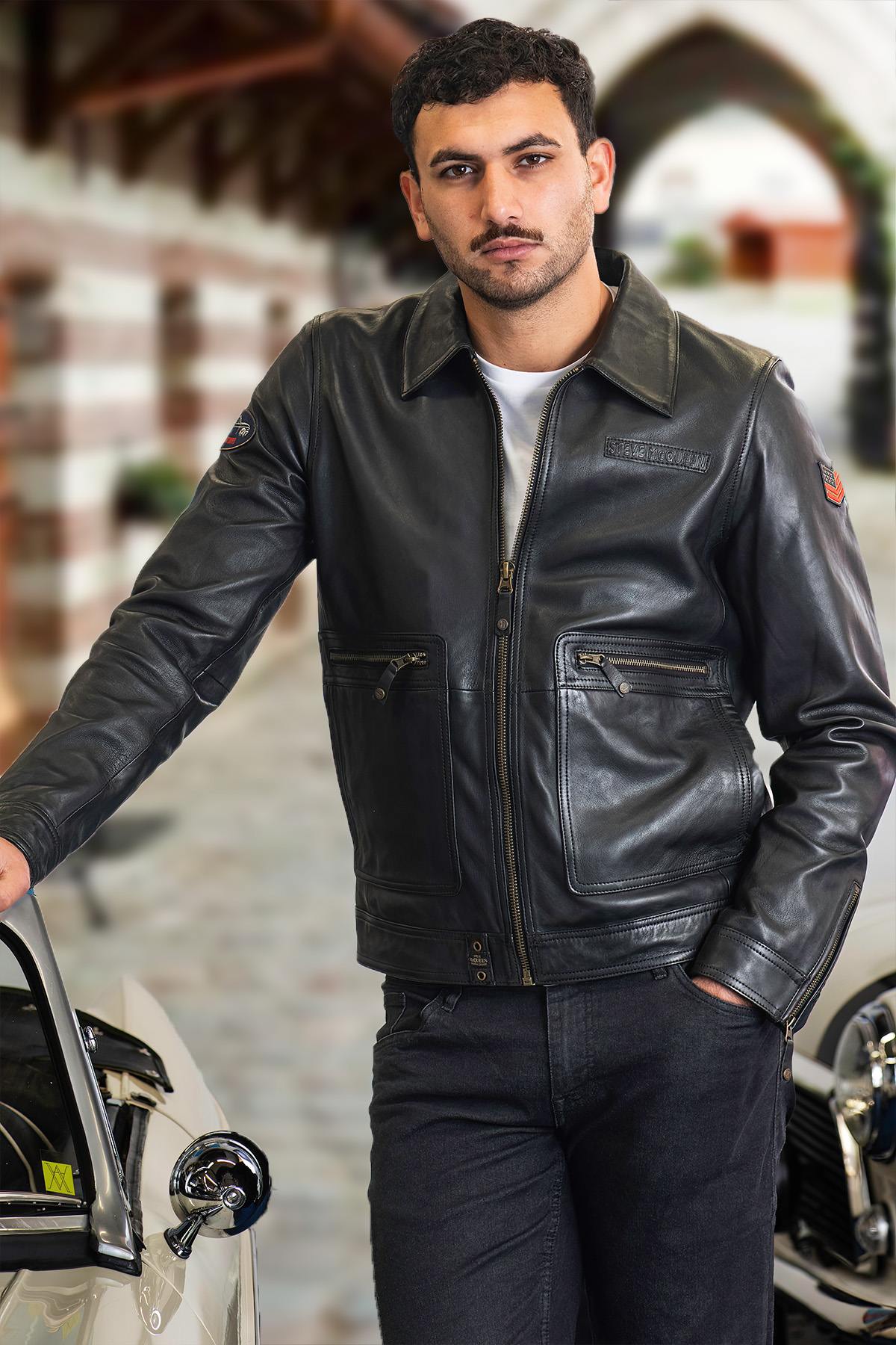 1950s-inspired black sheepskin jacket. Timeless design, regular fit. - Image n°1