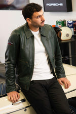 Fir green leather shirt collar jacket - Image n°1