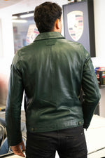 Fir green leather shirt collar jacket - Image n°4