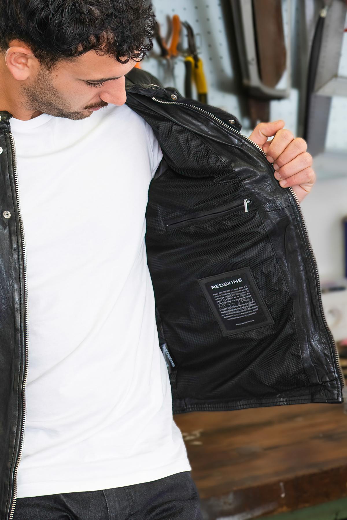 Breathable sheepskin leather jacket with biker detailing by Redskins. - Image n°10