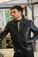 ELLIS2 BLACK: black sheep leather jacket with a motorbike collar. - Image n°1