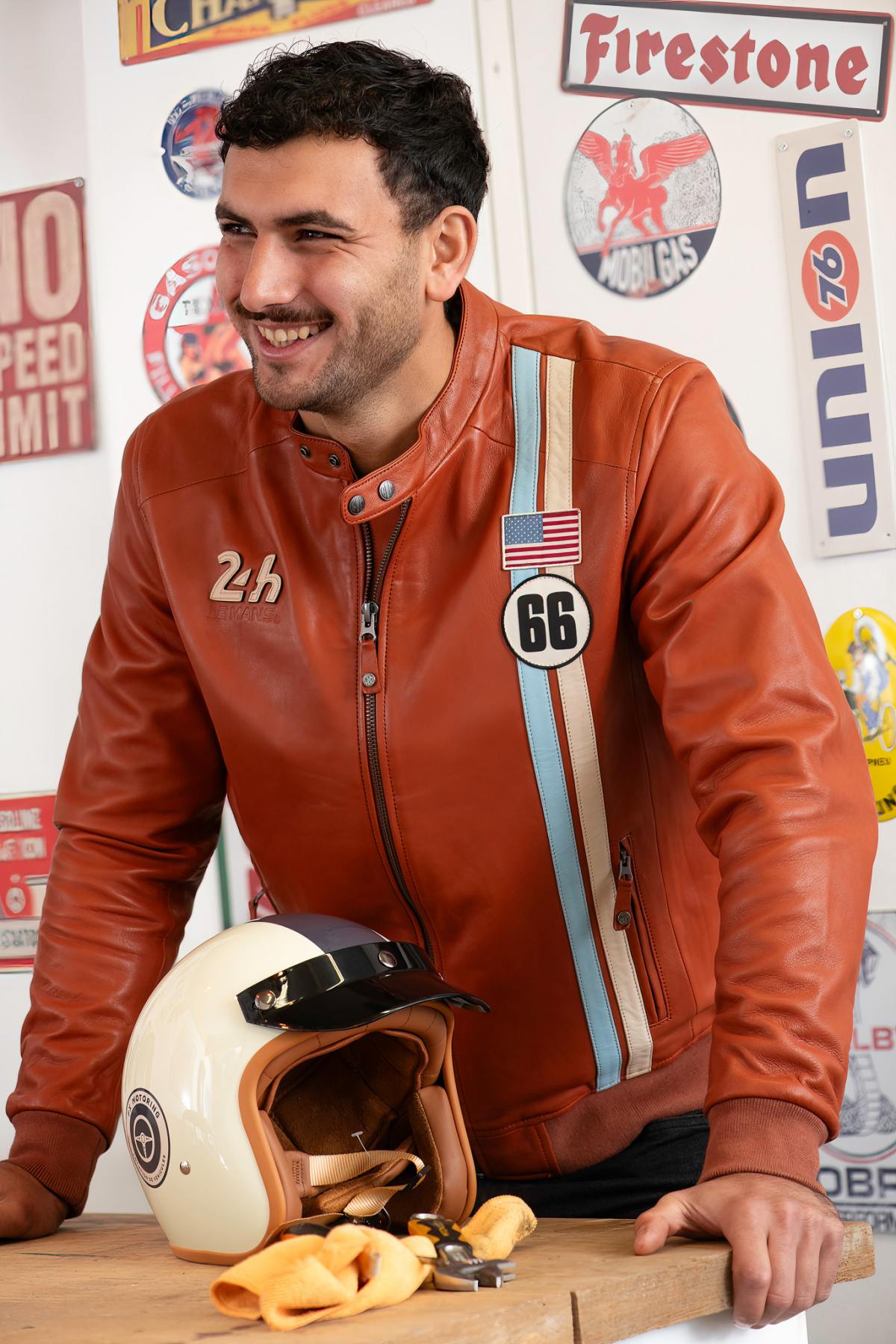 Motorsport-inspired sheep leather jacket in rusty orange, relaxed fit. - Image n°1