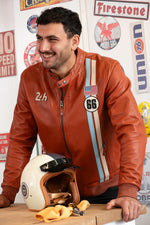 Motorsport-inspired sheep leather jacket in rusty orange, relaxed fit. - Image n°1