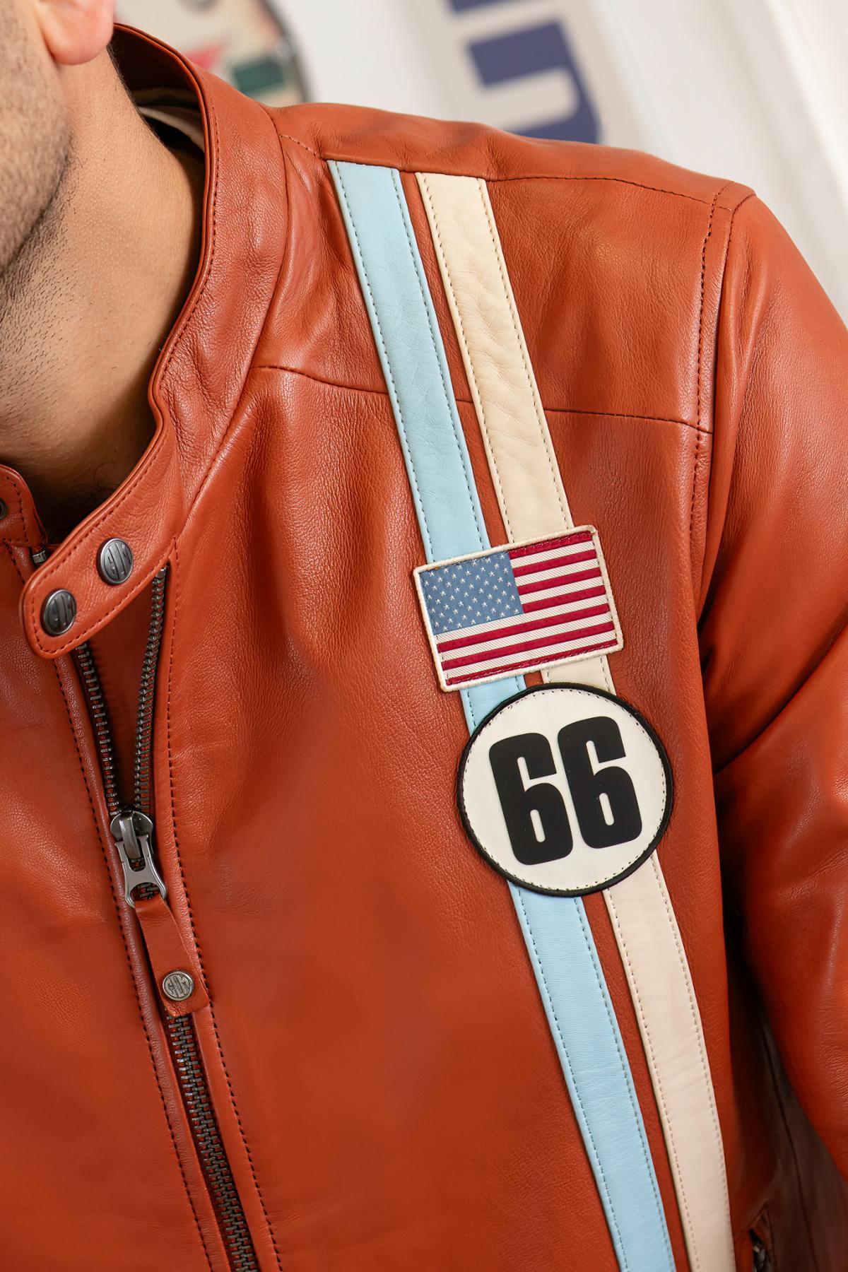 Motorsport-inspired sheep leather jacket in rusty orange, relaxed fit. - Image n°2
