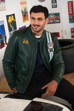 Green leather jacket with racing stripes - Image n°1