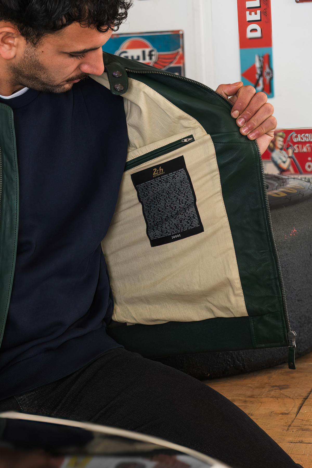 Green leather jacket with racing stripes - Image n°7