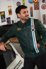 Green leather jacket with racing stripes - Image n°2