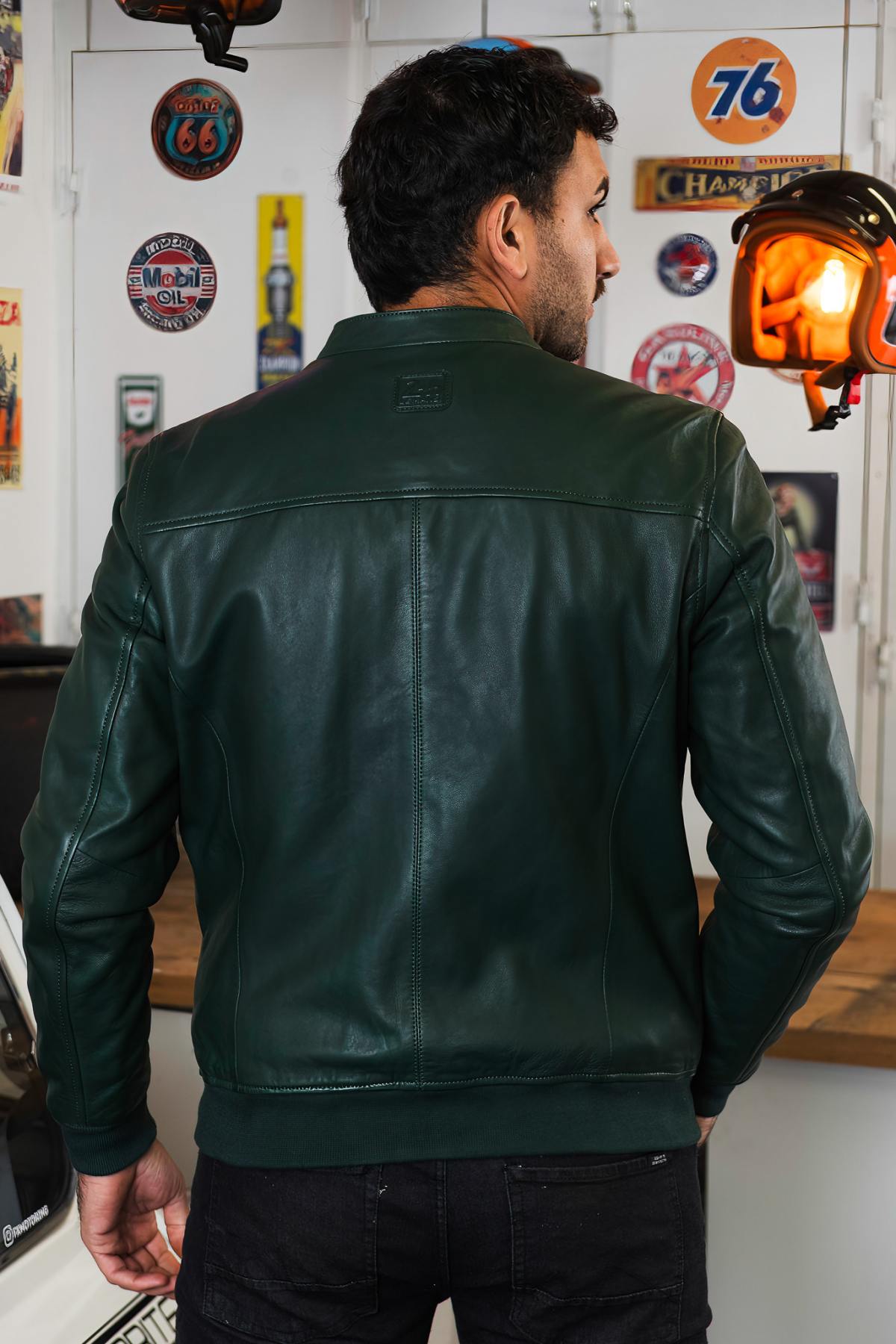 Green leather jacket with racing stripes - Image n°3