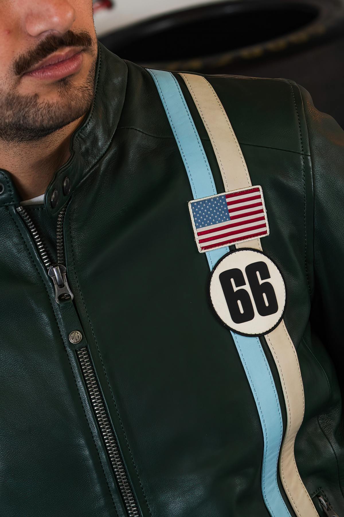 Green leather jacket with racing stripes - Image n°5