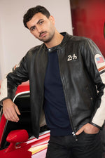 Le Mans-inspired black sheepskin jacket with classic biker edge. - Image n°1