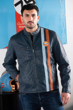 Navy lambskin jacket with vintage pilot style and racing stripes. - Image n°7