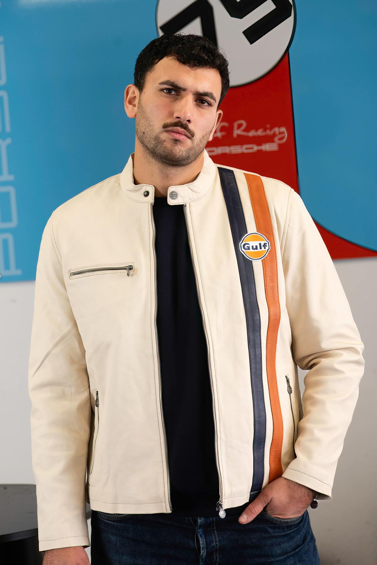 Sporty light beige cotton jacket with Gulf's signature racing stripes. - Image n°1