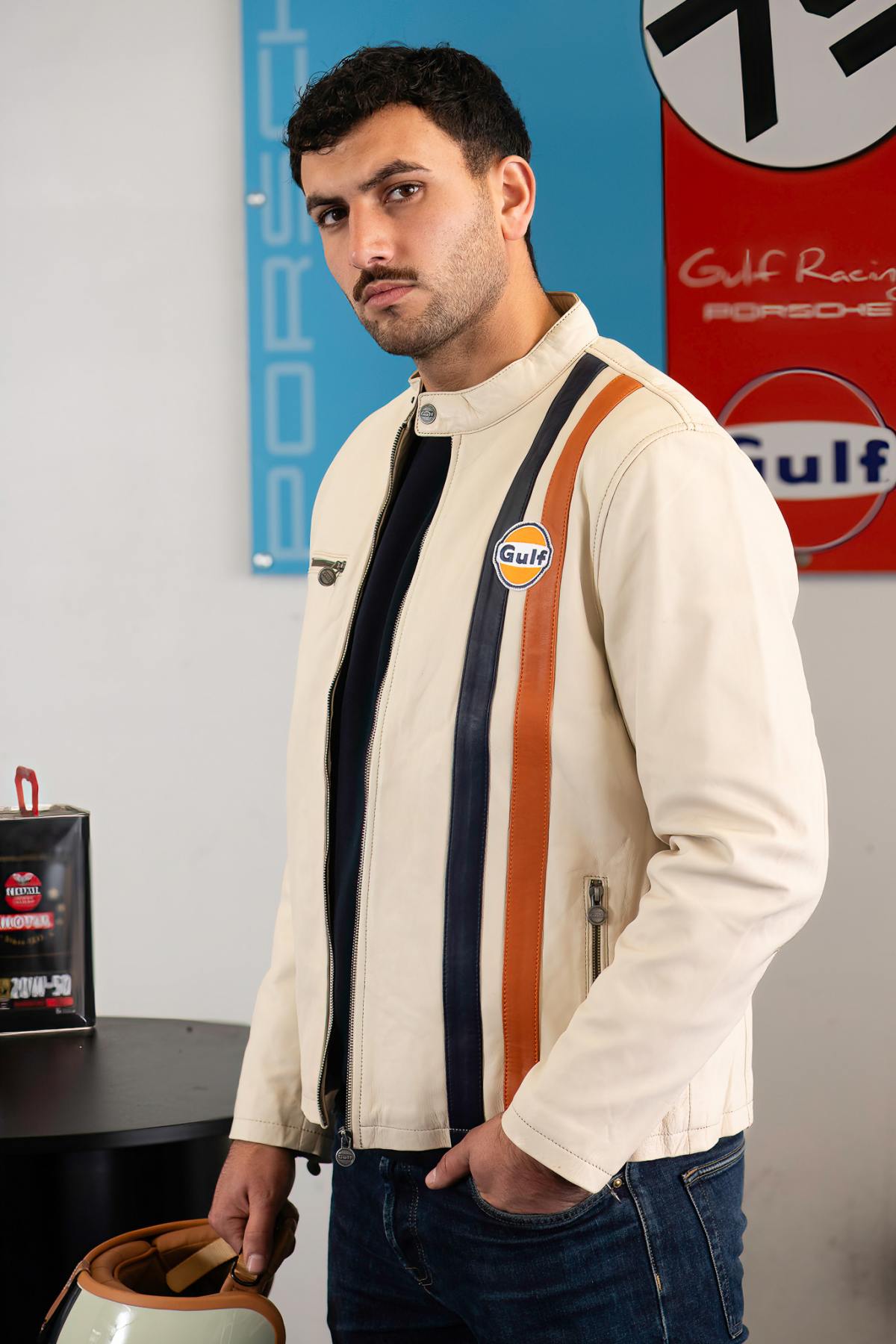 Gulf leather jacket with light beige biker collar - Image n°3