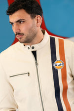 Sporty light beige cotton jacket with Gulf's signature racing stripes. - Image n°5