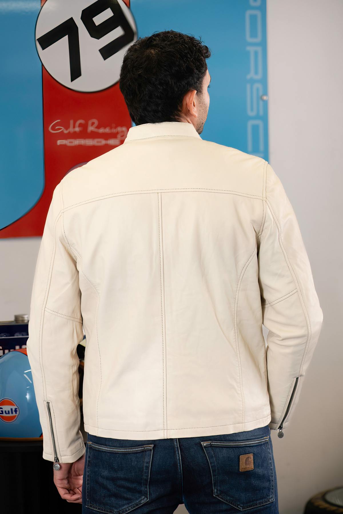 Sporty light beige cotton jacket with Gulf's signature racing stripes. - Image n°4