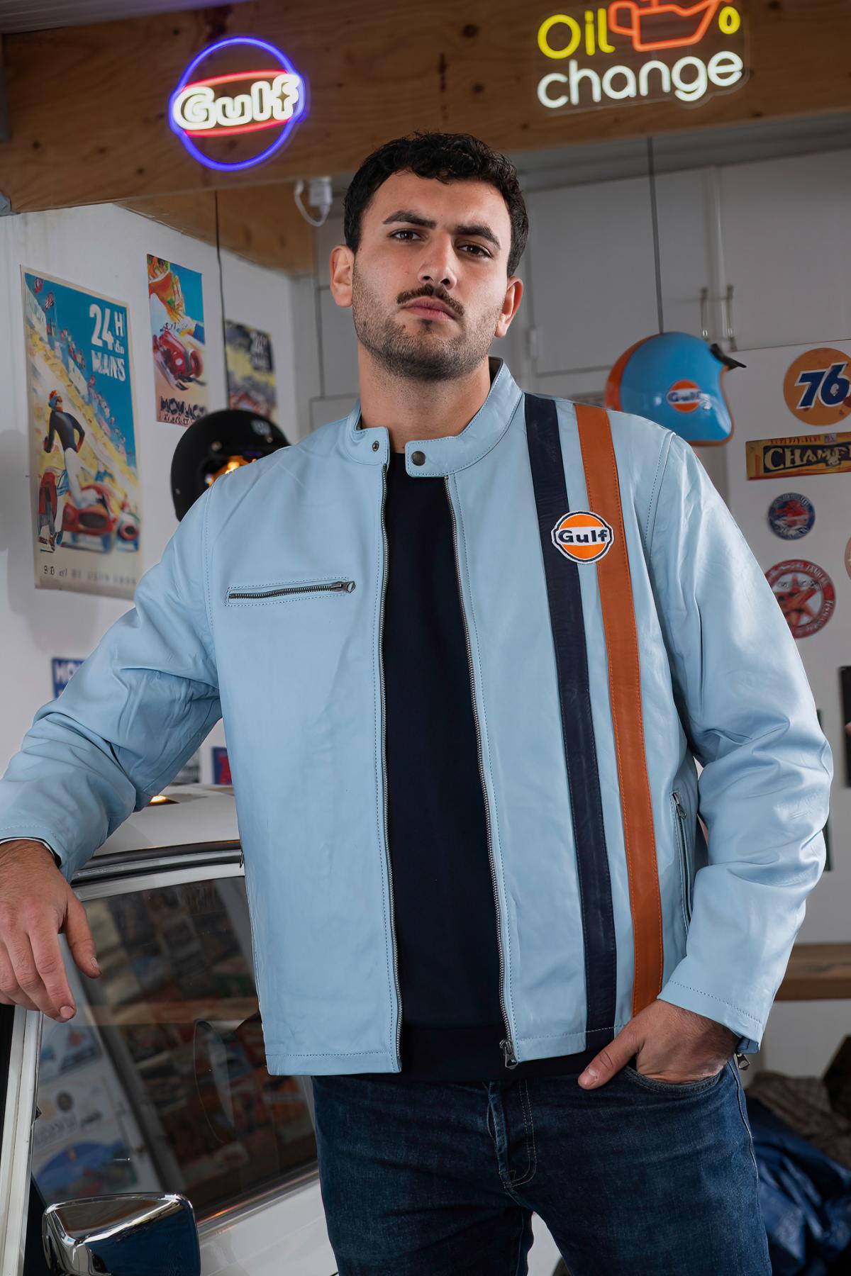 Light blue lambskin jacket with vintage biker style and regular fit. - Image n°1