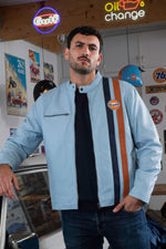 Light blue lambskin jacket with vintage biker style and regular fit. - Image n°1