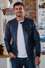 Sheepskin leather jacket in royal blue, biker collar, all-season fit. - Image n°5