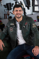 Forest-green sheep leather biker jacket with retro racing patches. - Image n°3