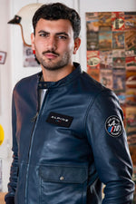 Sheepskin leather jacket in royal blue, biker collar, all-season fit. - Image n°1