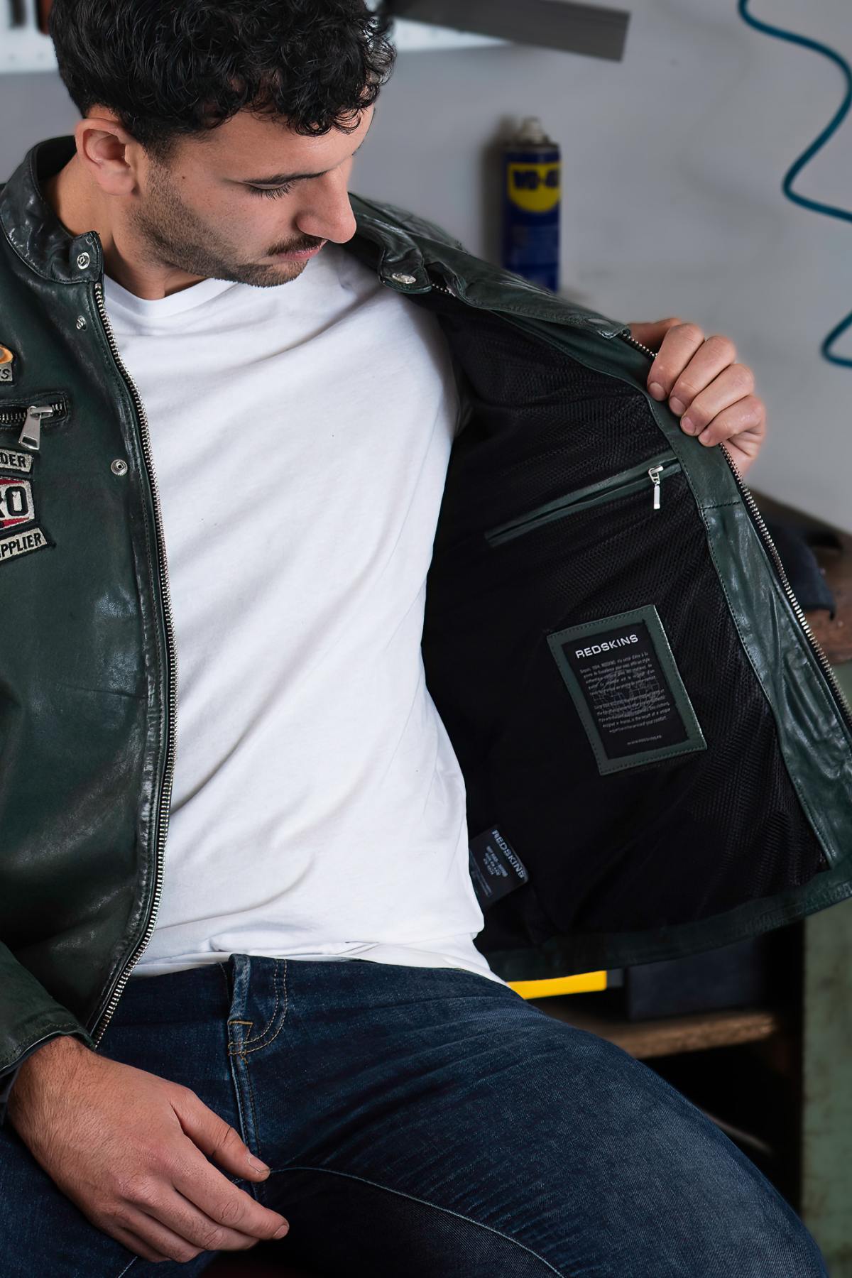 Forest-green sheep leather biker jacket with retro racing patches. - Image n°7