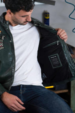 Forest-green sheep leather biker jacket with retro racing patches. - Image n°7