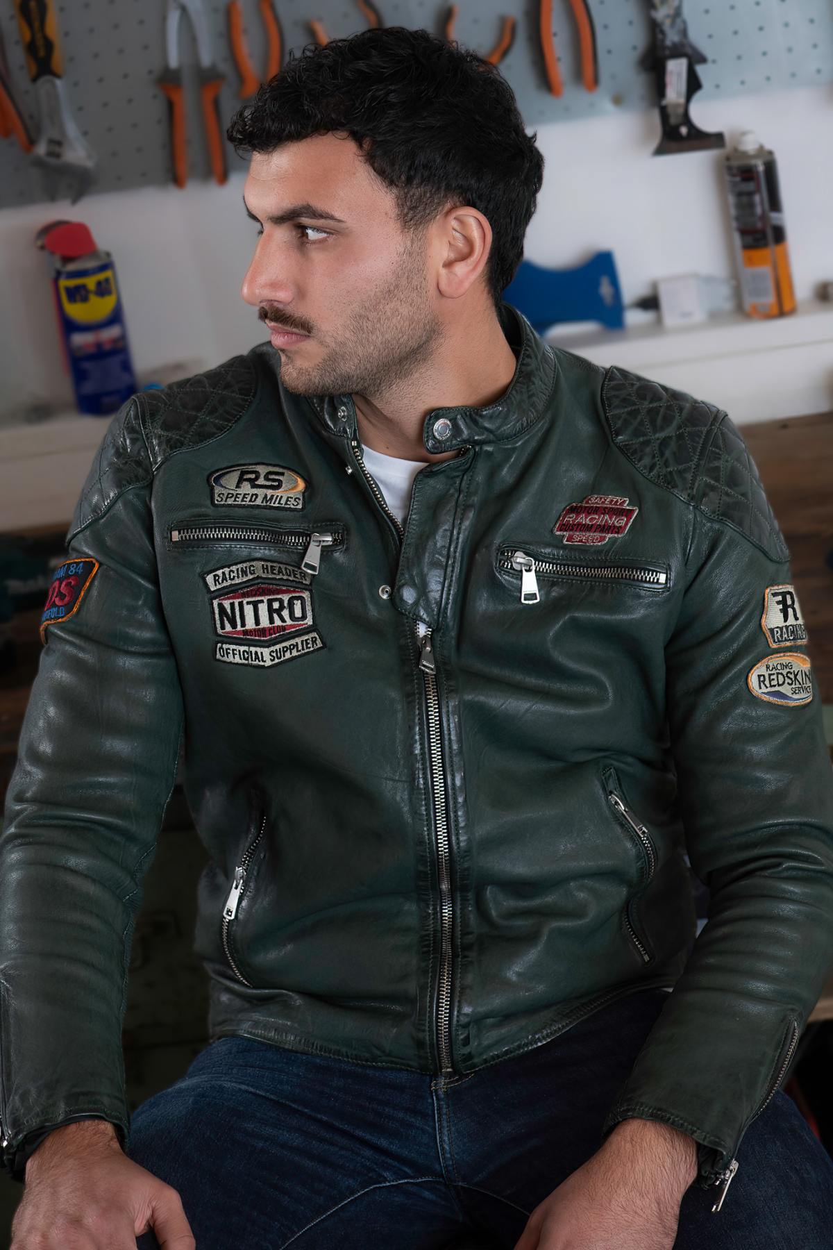 Forest-green sheep leather biker jacket with retro racing patches. - Image n°5